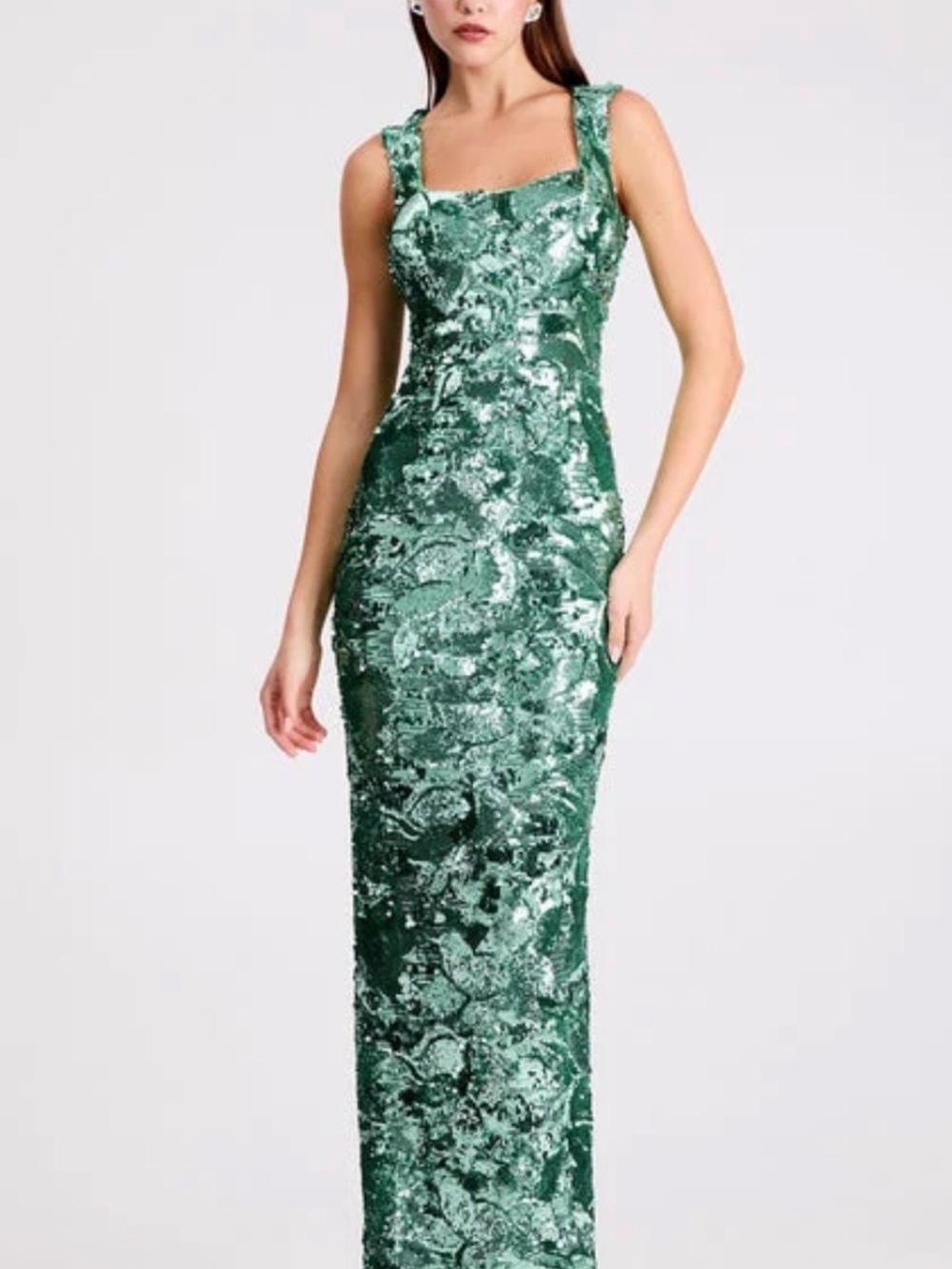 Emerald Sequin Square-Neck Maxi Dress
